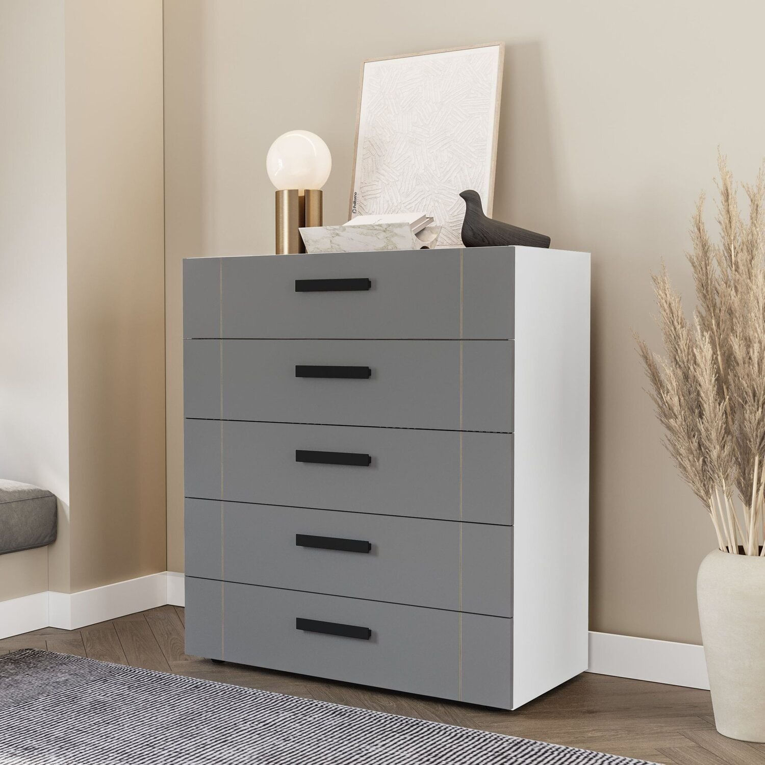 Cômoda 5 Gavetas Lisboa Branco/cinza