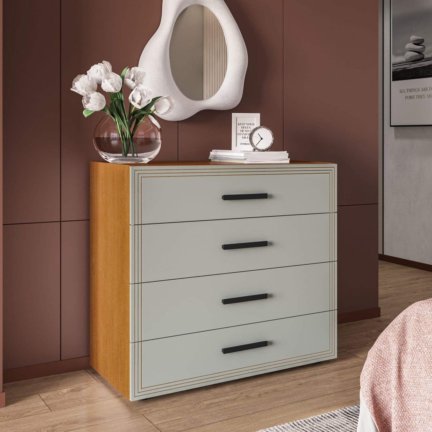 Cômoda 4 Gavetas Valência Freijó/verde