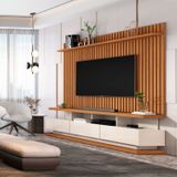 Rack Com Painel Ripado Para Tv Até 72 Polegadas 3 Gavetas E Pés Com Rodízios Vivare Classic Off White/ Nature