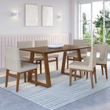 Conjunto Mesa De Jantar Em Madeira Carter 160x80cm Com 6 Cadeiras Tec Algodão Bege Nogueira Nogueira