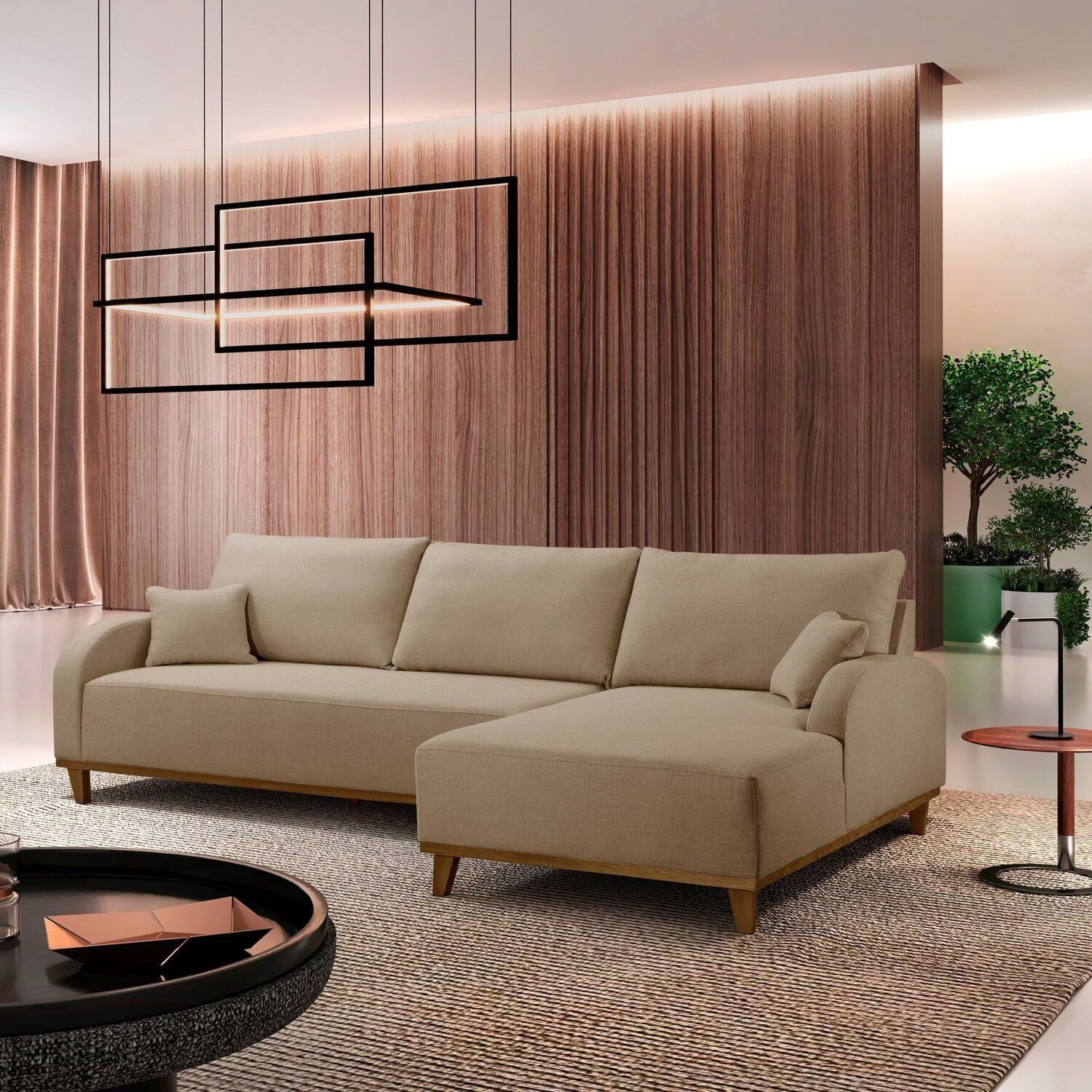 Sofá 3 Lugares Com Chaise Lado Direito 250cm Em Linho Mercúrio Bege