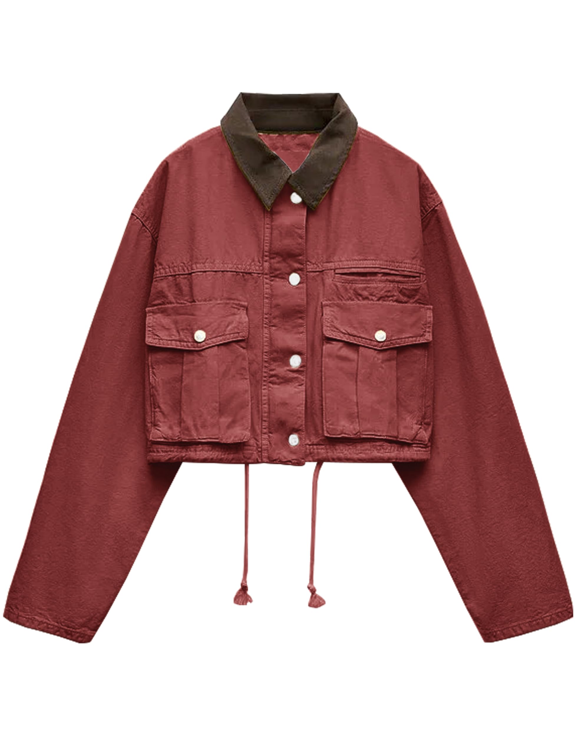 Jaqueta Feminina Megfie, Gola Contrastante, Utilitária, De Algodão Vermelho