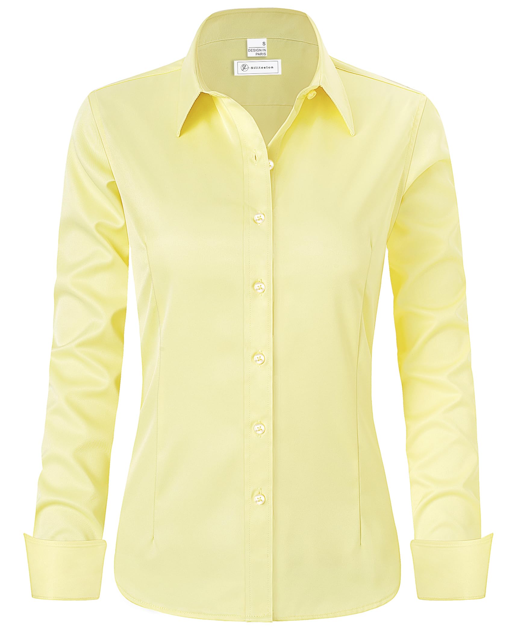 Camisa Social Siliteelon Button Down Para Mulheres Amarela Clara