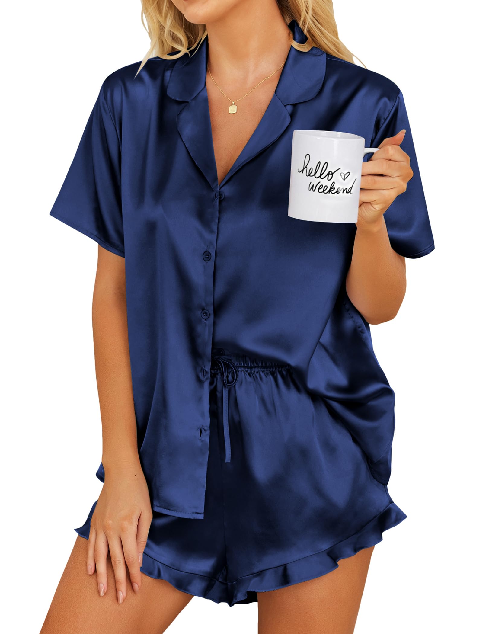 Conjunto De Pijamas Ekouaer Silk Para Mulheres Com Botões Azul Marinho L