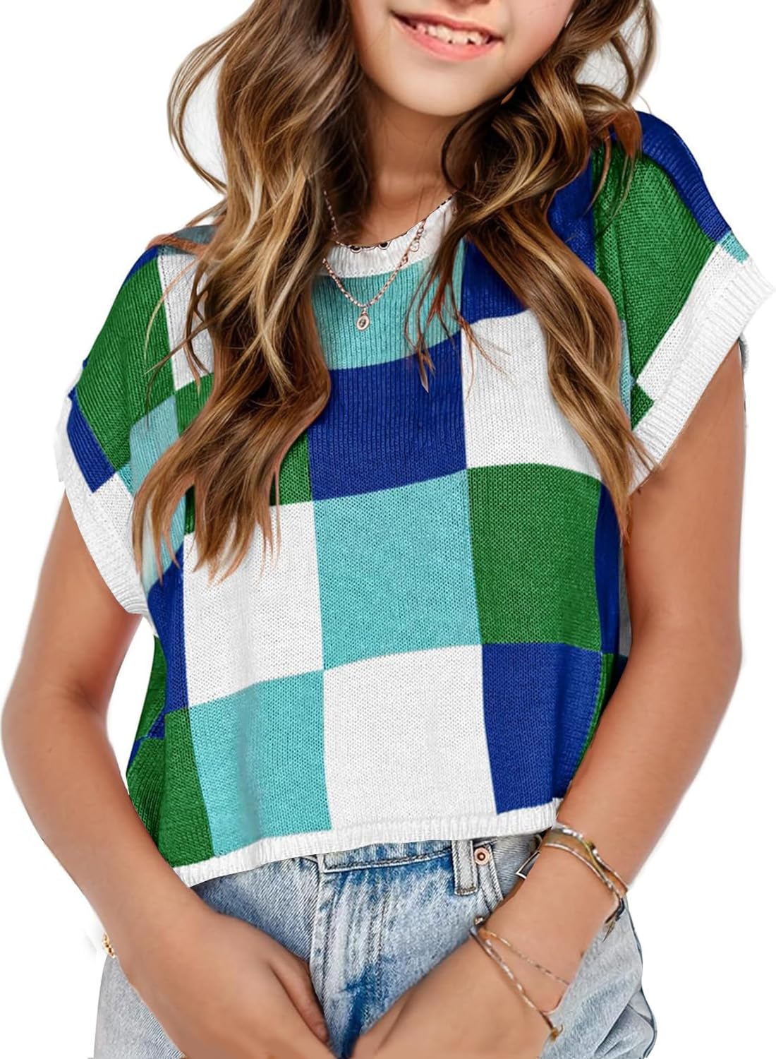 Blusas Curtas De Verão Para Meninas, Colete De Primavera, Lindas, Manga Curta, Camiseta Colorida, Solta, Infantil, Tricotada De Outono, Verde