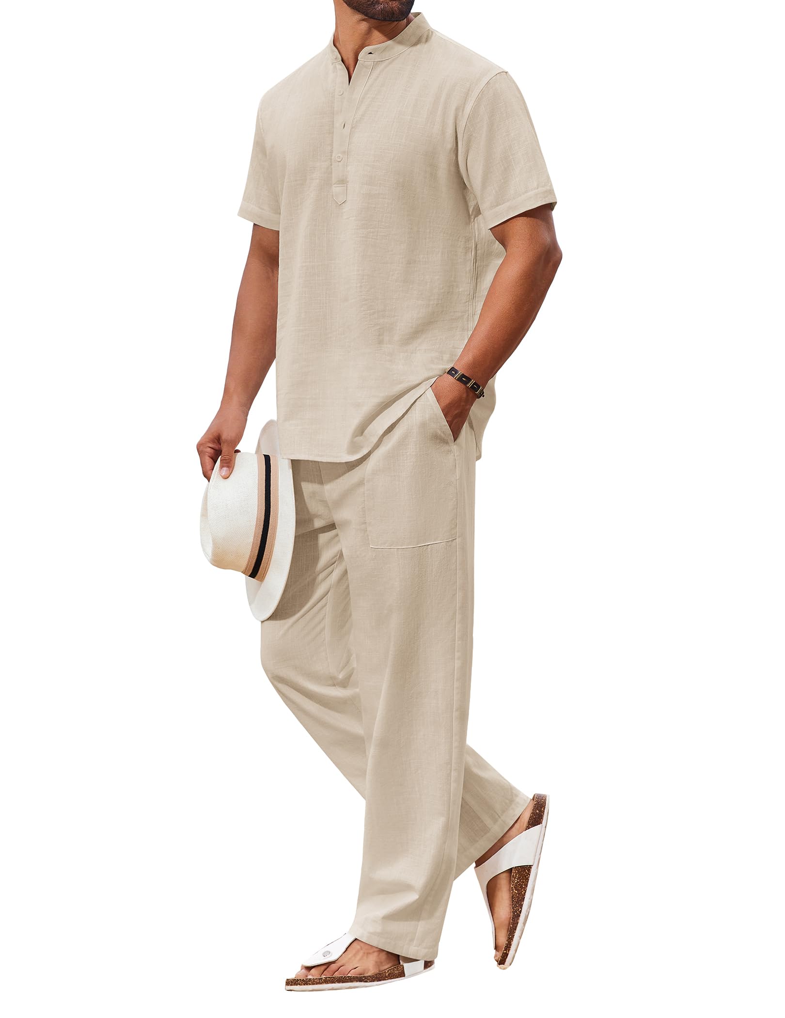 Conjunto De 2 Peças De Algodão Coofandy, Camisas E Calças Masculinas Henley