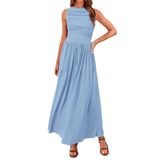 Vestido Maxi Btfbm Feminino 2025, Verão, Franzido E Bolsos Com Gola De Barco