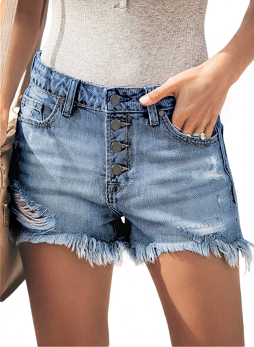 Shorts Modarani Frayed Distressed Jean Cortados Em Azul Para Mulheres