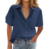 Camisa Feminina Hotouch Button Up, Casual, Folgada, Decote Em V, Azul Marinho