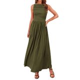 Vestido Maxi Btfbm Feminino 2025 Franzido De Verão Com Bolsos, Verde Militar