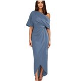 Vestido Raseal Steel Blue Satin Tea, Comprimento De Um Ombro, Feminino