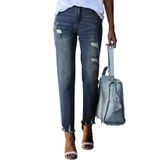 Jeans Evaless Ripped Para Mulheres De Cintura Média, Perna Reta, Azul 16