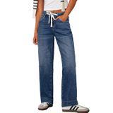 Jeans Sidefeel, Feminino, Com Cordão, Perna Reta, Azul Escuro