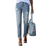 Jeans Femininos Evaless, Cintura Média, Perna Reta, Rasgados, Tamanho 10