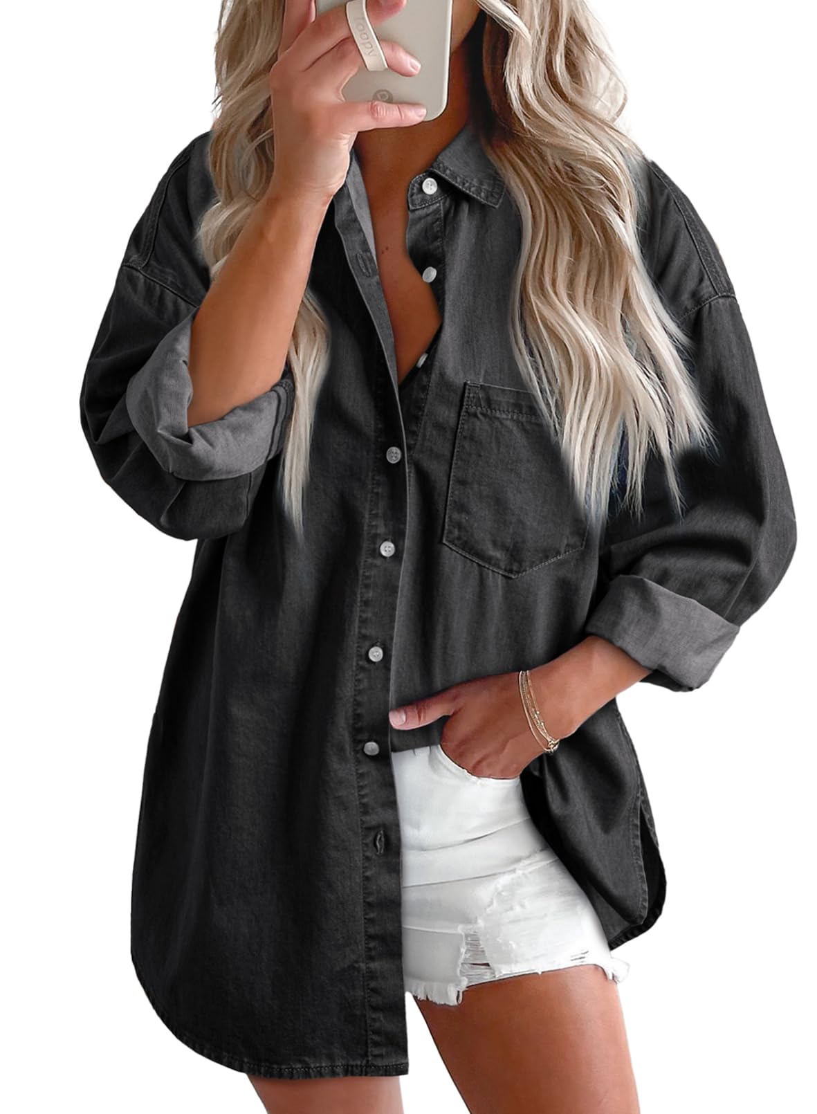 Blusa Astylish, Camisa Jeans Feminina, Decote Em V, Manga Comprida, Preta