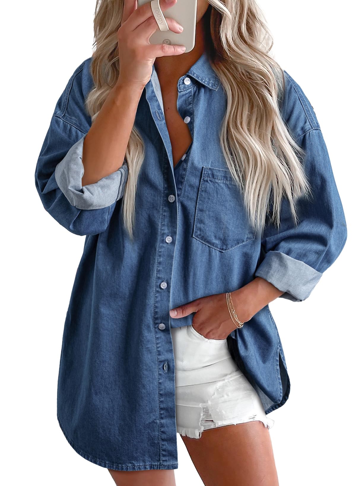 Camisa Jeans Astylish Ashleigh Blue Com Decote Em V Para Mulheres Xxl