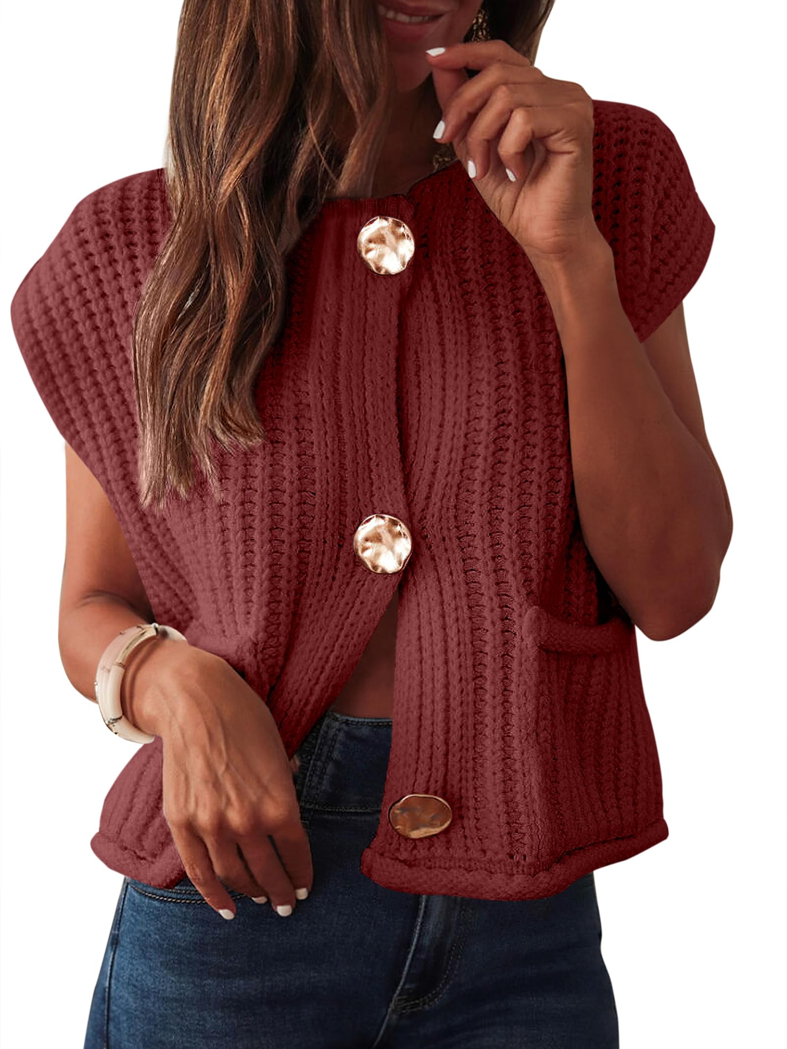 Colete Feminino Anrabess Chunky Knit Button Down Rust M