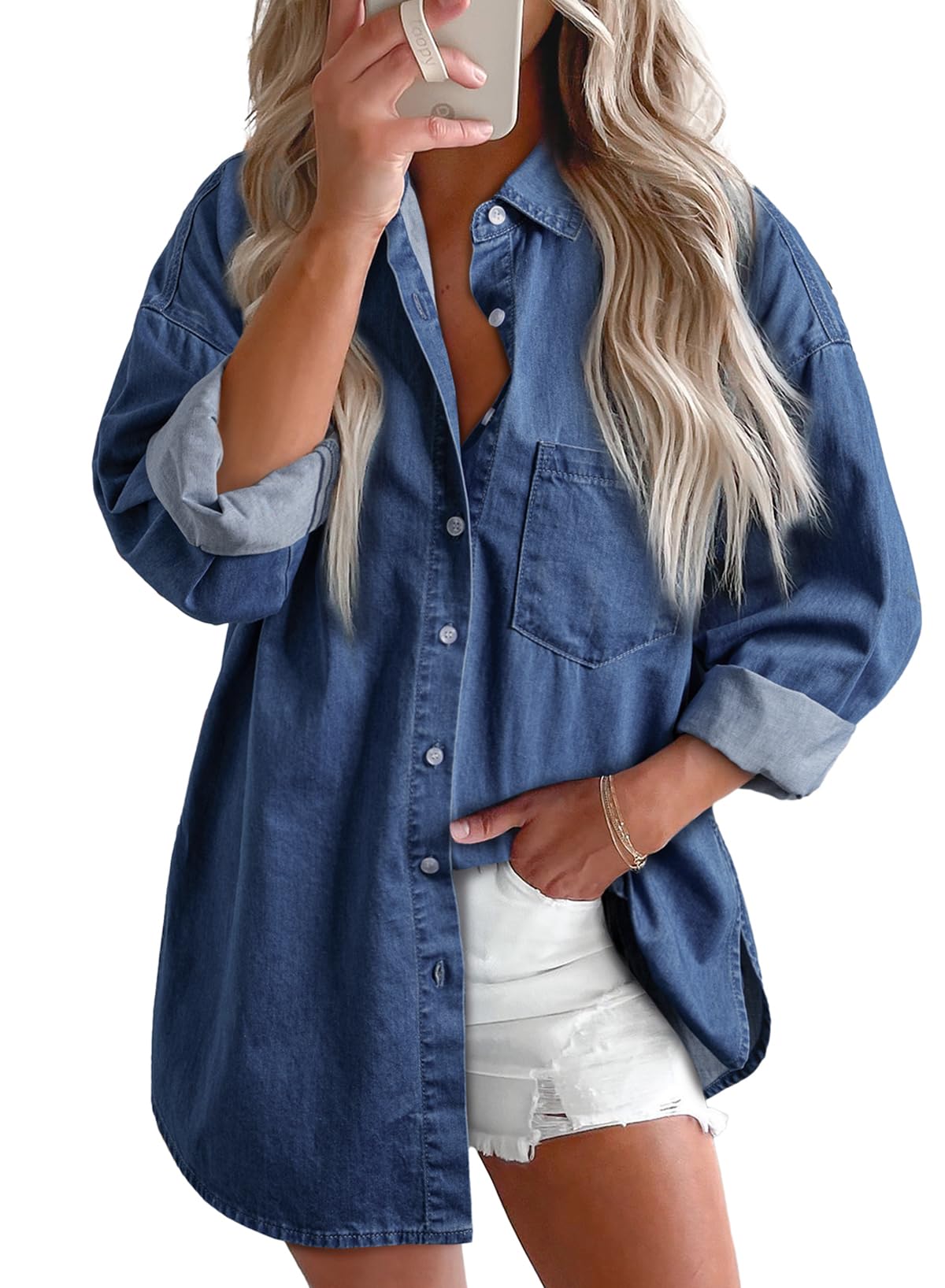 Blusa Feminina Elegante, Jeans, Chambray, Namorado, Decote Em V, Azul
