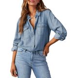 Camisa Feminina Astylish, Jeans, Trabalho, Manga Comprida, Azul Escuro