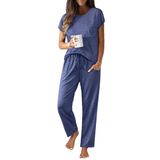 Conjunto De Pijama Feminino Ekouaer, Manga Curta, Calça Comprida, Azul Marinho