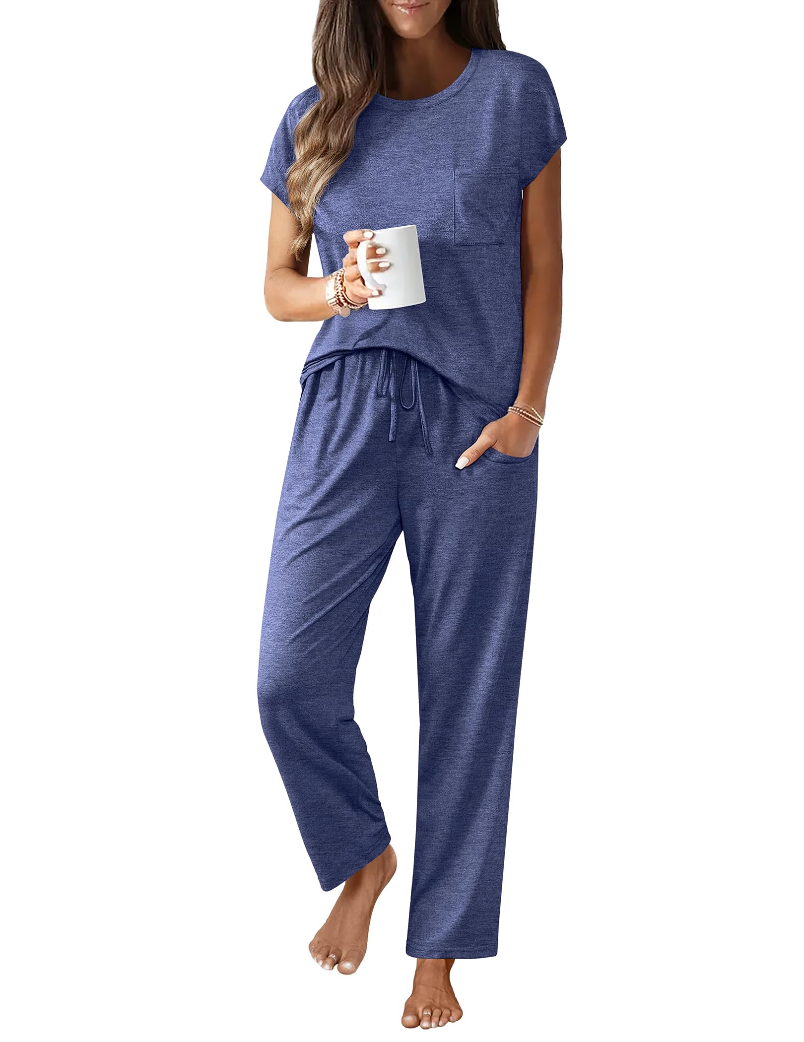 Conjunto De Pijama Feminino Ekouaer, Manga Curta, Calça Comprida, Azul Marinho