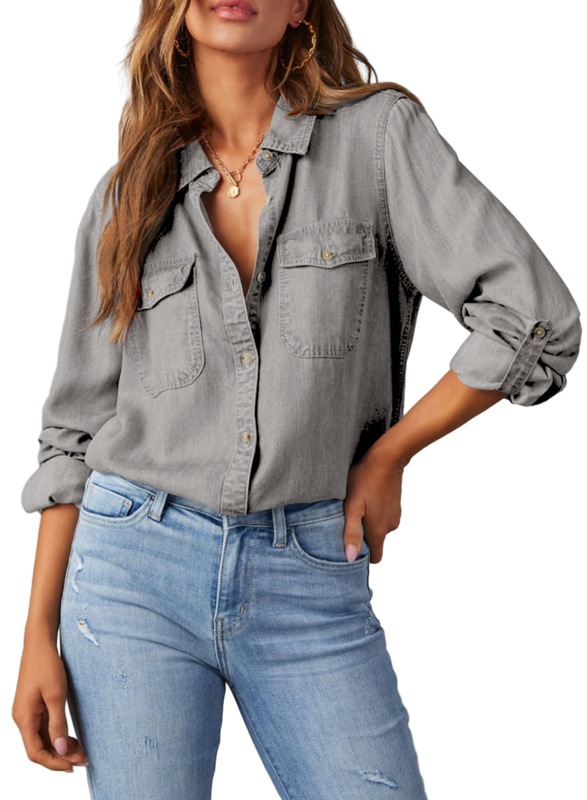 Camisa Jeans Astylish Ladies Para Mulheres Cinza Claro Xxl