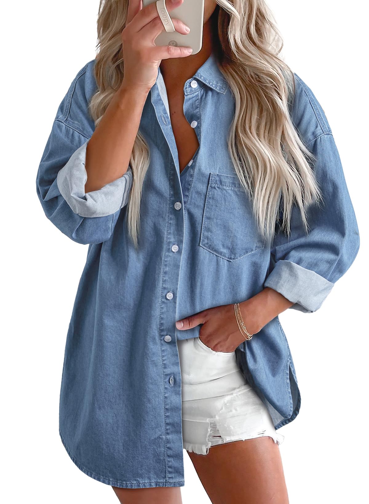 Camisa Jeans Astylish Beau Blue Com Decote Em V E Manga Comprida