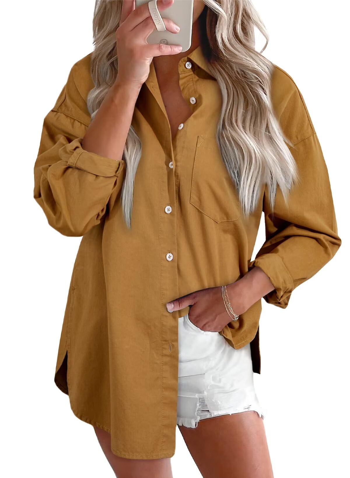 Blusa Astylish, Camisa Jeans Feminina, Decote Em V, Manga Comprida, Argila