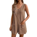 Macacão Curto Feminino De Verão Romper Ekouaer Waffle Light Coffee