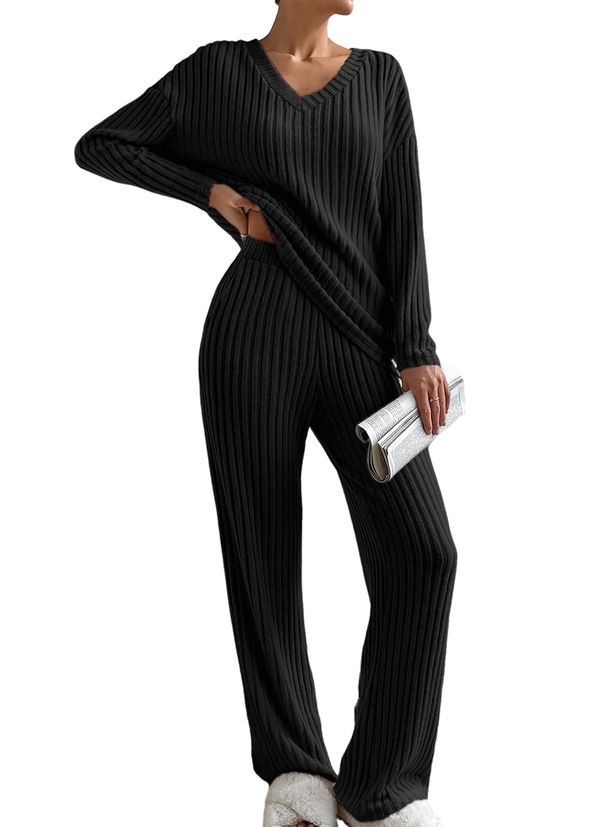 Conjunto De Lounge De 2 Peças Shewin Para Mulheres De Manga Comprida Preto L