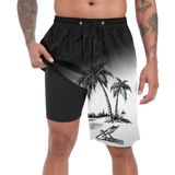 Calções De Banho Ft Fenteng Masculinos Pretos, Brancos, Palmeiras De Praia, 23 Cm, Costura Interna