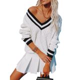 Suéter Feminino Aoudery, Decote Em V, Tricotado De Grandes Dimensões, Todo Branco