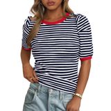 Camiseta Feminina Prettygarden De Verão, Colorida, Listrada, Azul Marinho