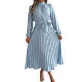 Vestido Casual Qufech, Retrô, Cor Sólida, Manga Comprida, Azul Claro, Xl
