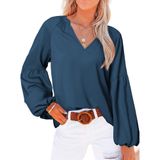 Blusa Btfbm Boho Para Mulheres Com Decote Em V, Chiffon, Manga Comprida, Azul