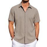 Camisa Masculina De Algodão E Linho De Manga Curta J.ver Khaki G-large