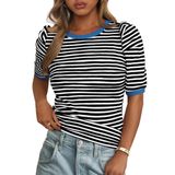 Camiseta Feminina Prettygarden, De Verão, Colorida, Listrada, Preta