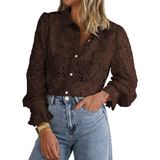 Blusa Btfbm De Renda De Manga Comprida Para Mulheres, Primavera 2025, Café