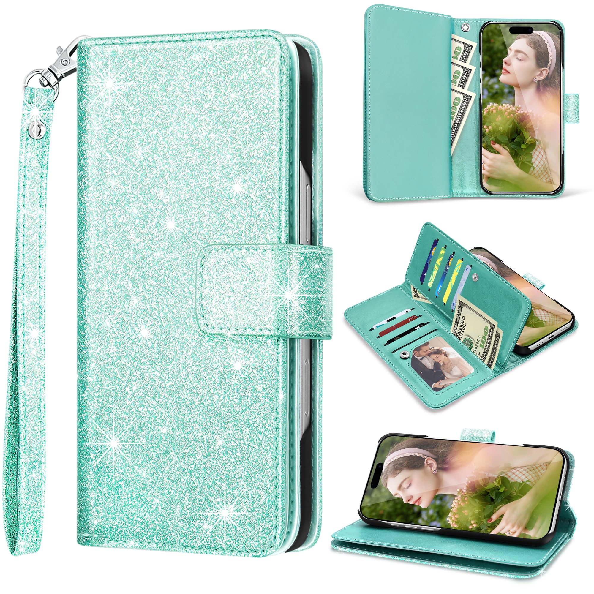 Capa De Telefone Fingic Para Iphone 16 Plus Wallet 9 Card Teal