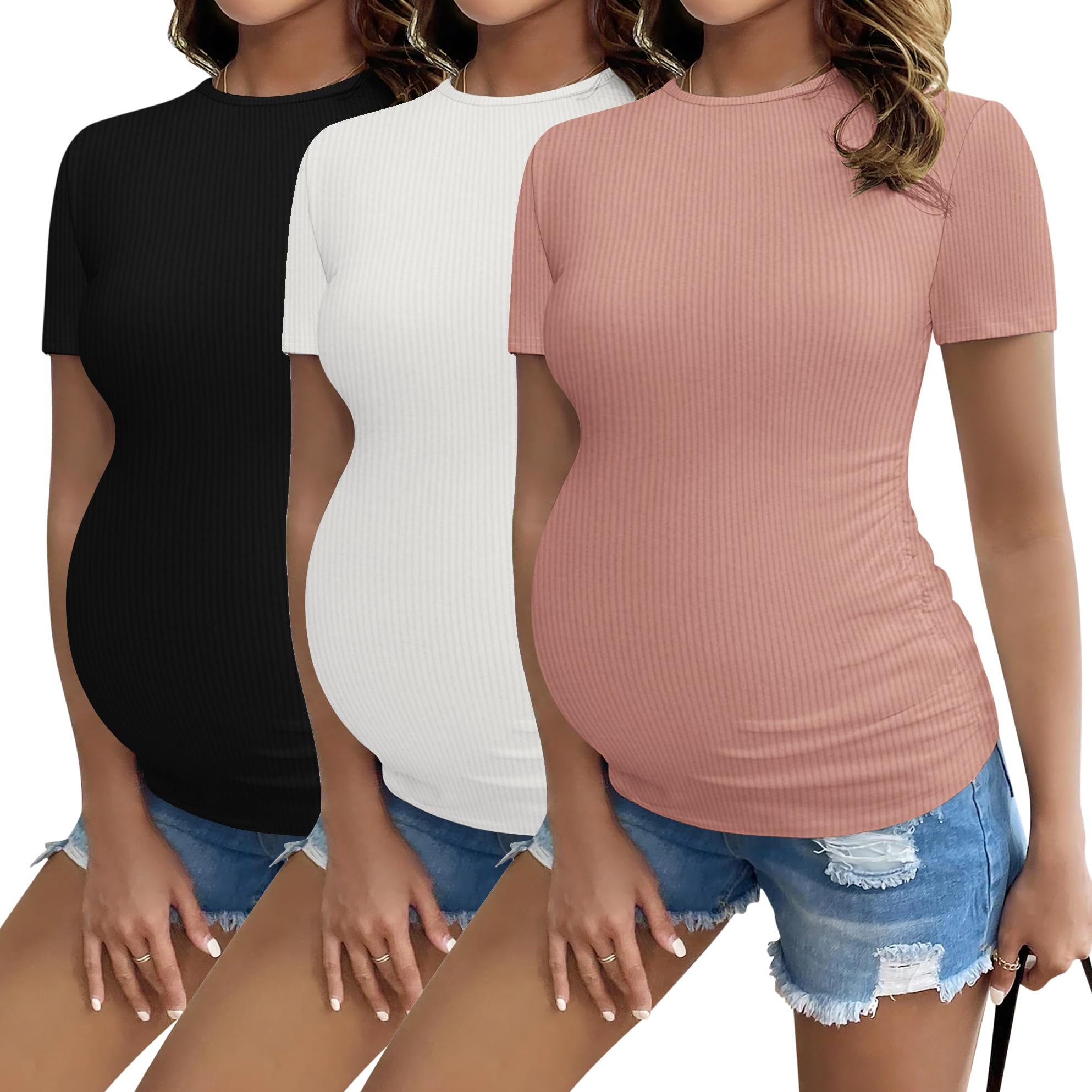 Blusas De Treino Para Maternidade Ekouaer De Manga Curta Preta/branca/rosa L