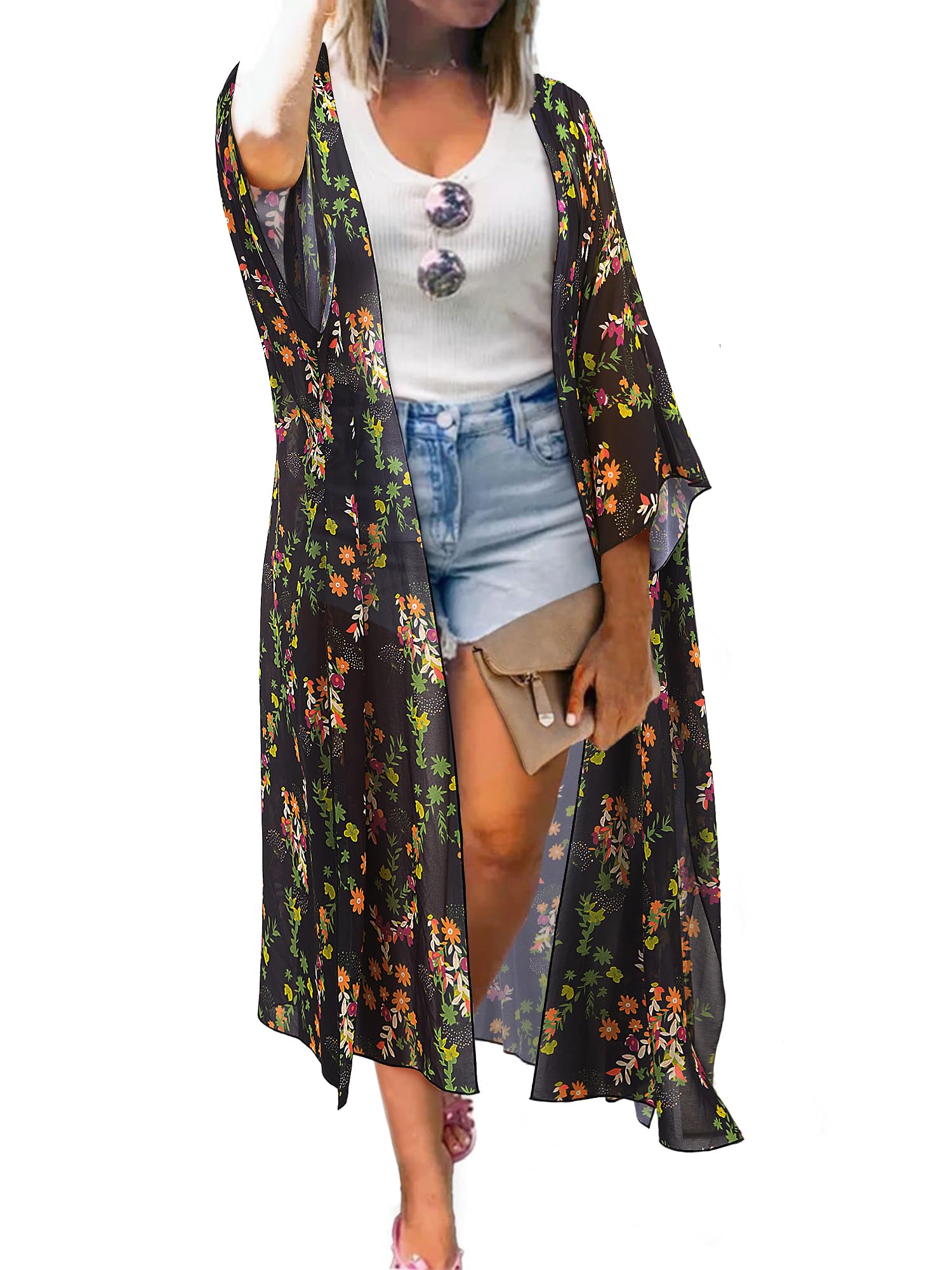 Maiô De Chiffon Kimono Cover Up Maybuy Black-flower Xl