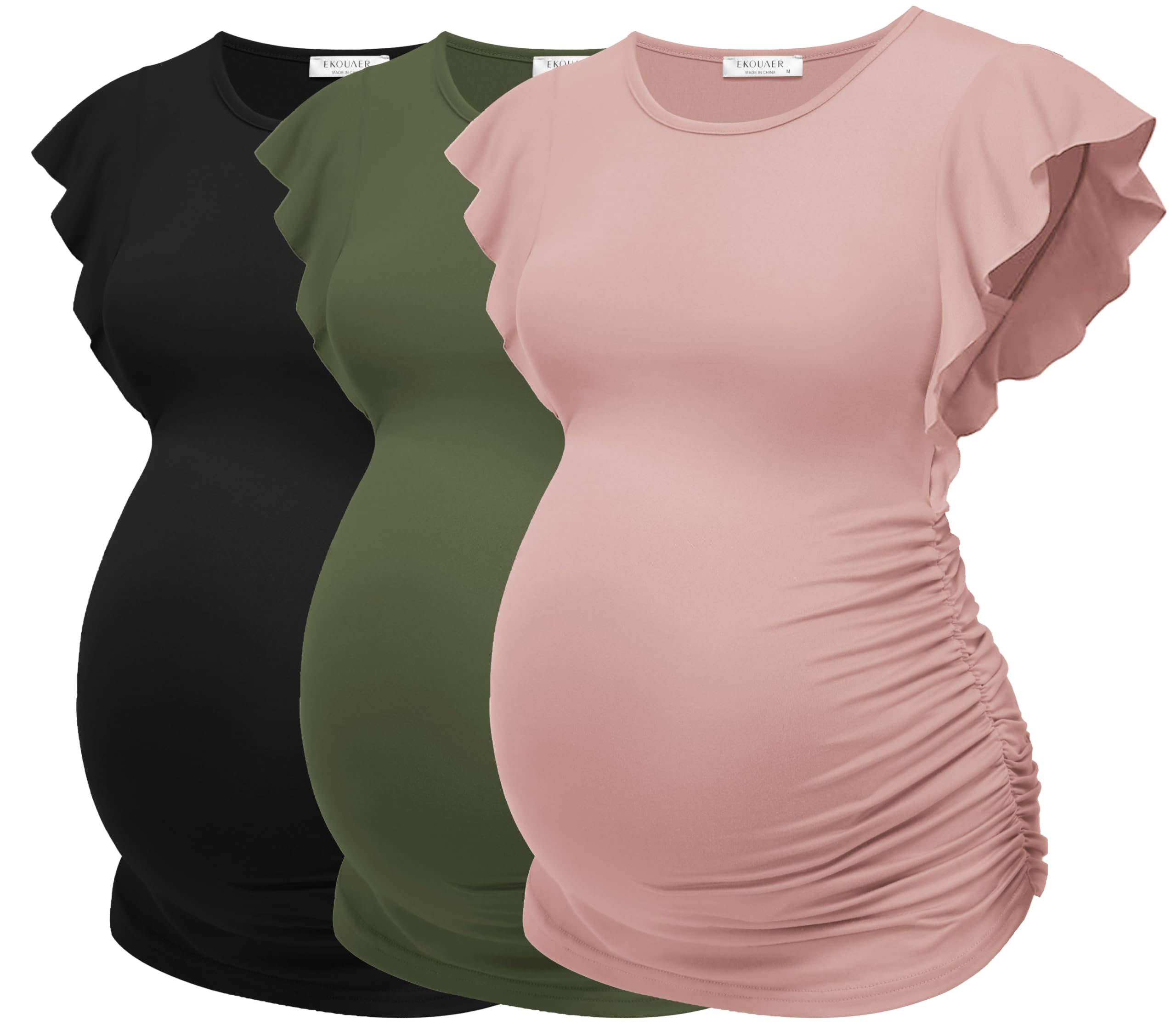 Camisas De Maternidade Ekouaer Flying De Manga Curta, Pacote Com 3, Pretas, Rosa/verde Militar