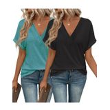 Blusa Yemuse Yemuse, 2 Peças, Manga Curta, Decote Em V, Feminina, Preta+azul Lago