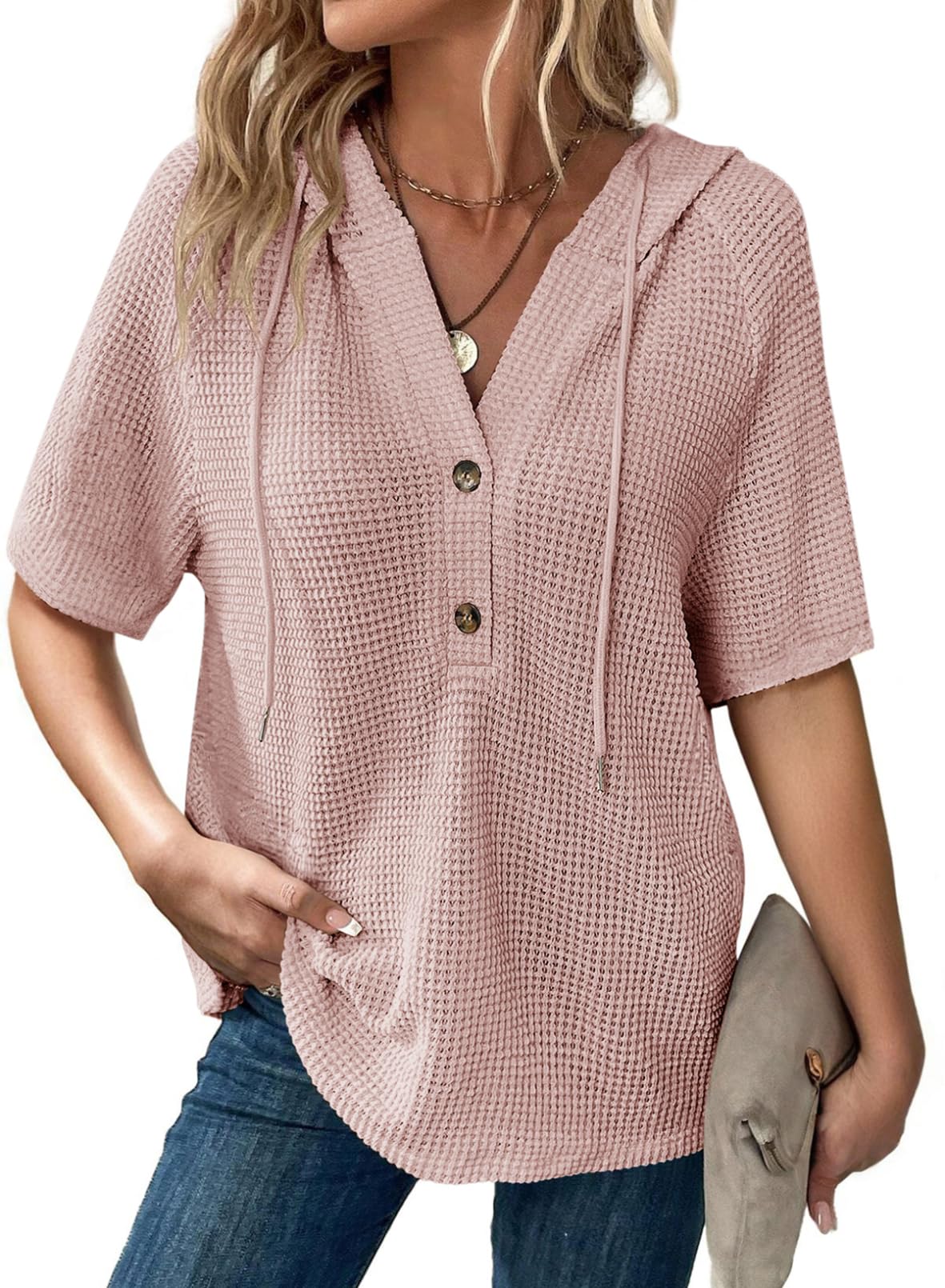 Top Dokotoo Summer 2025 Waffle Knit De Manga Curta Rosa Xxl