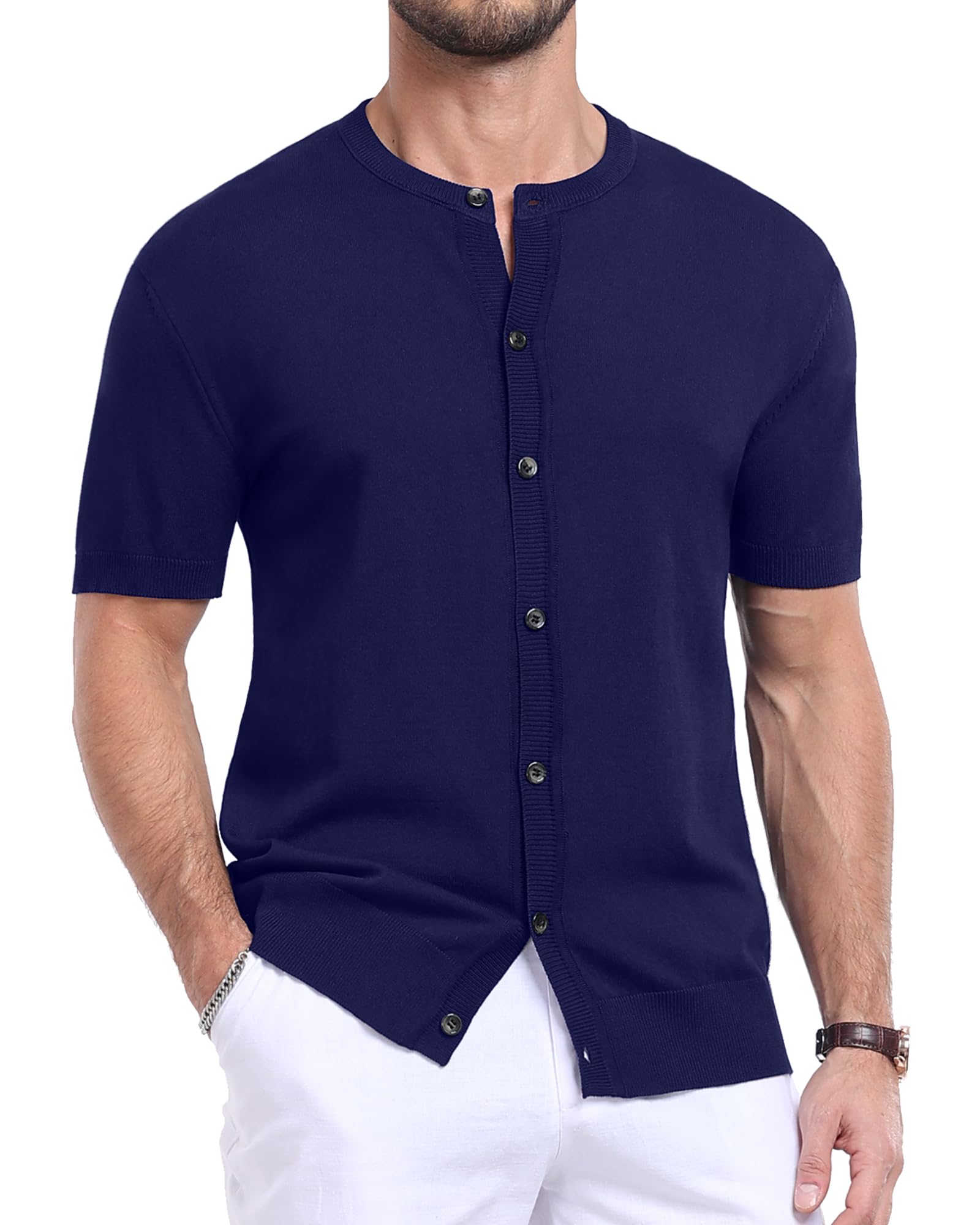 Camisa Masculina Ytd De Malha Com Botões E Manga Curta M Navy