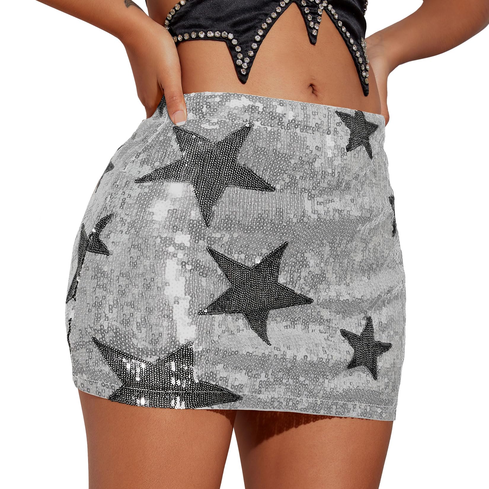 Saia Century Star Sequin Mini Sparkly Glitter Prateada Cinza