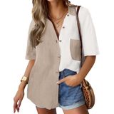 Camisa Feminina Hotouch De Linho Branca/cáqui De Manga Curta Folgada
