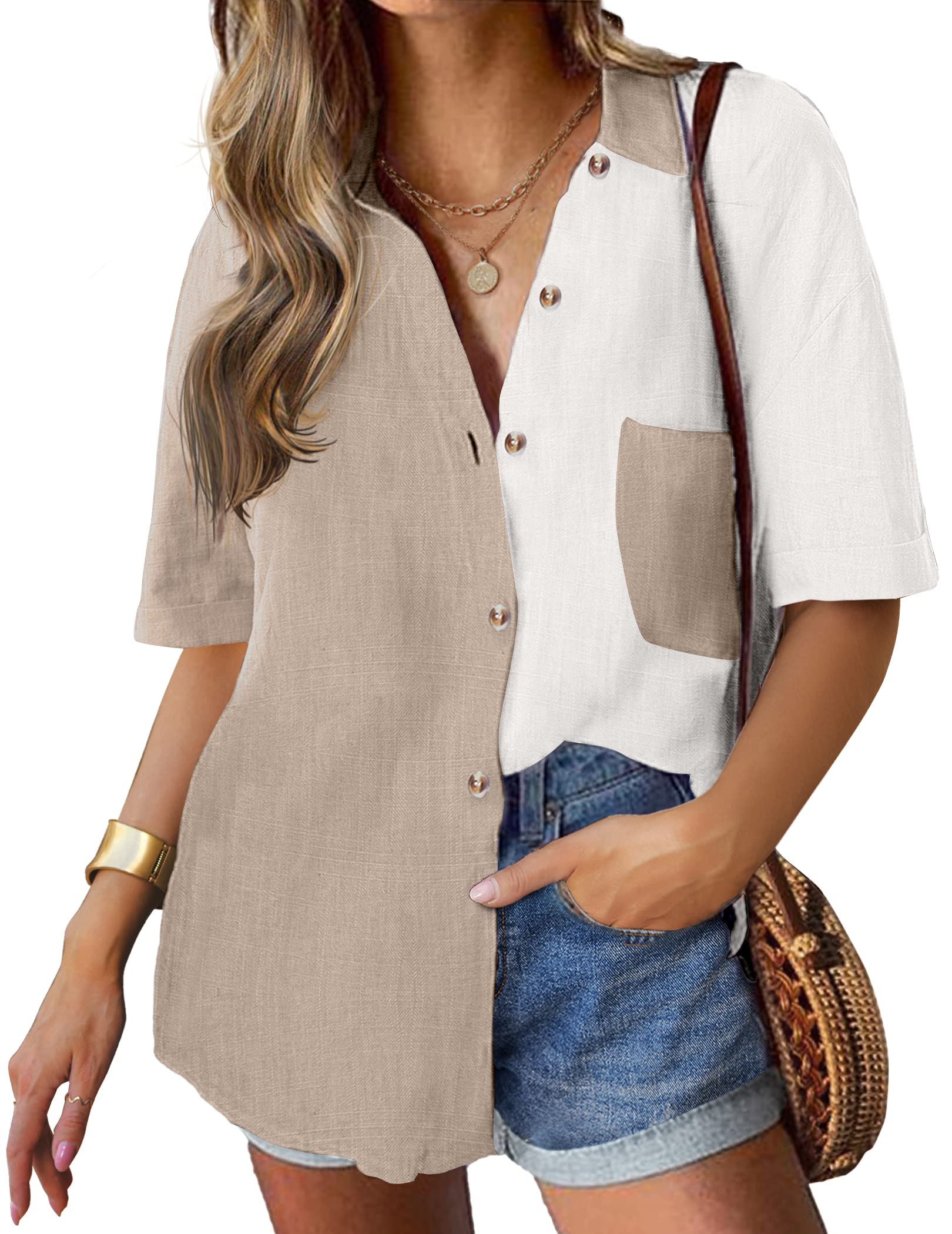 Camisa Feminina Hotouch De Linho Branca/cáqui De Manga Curta Folgada