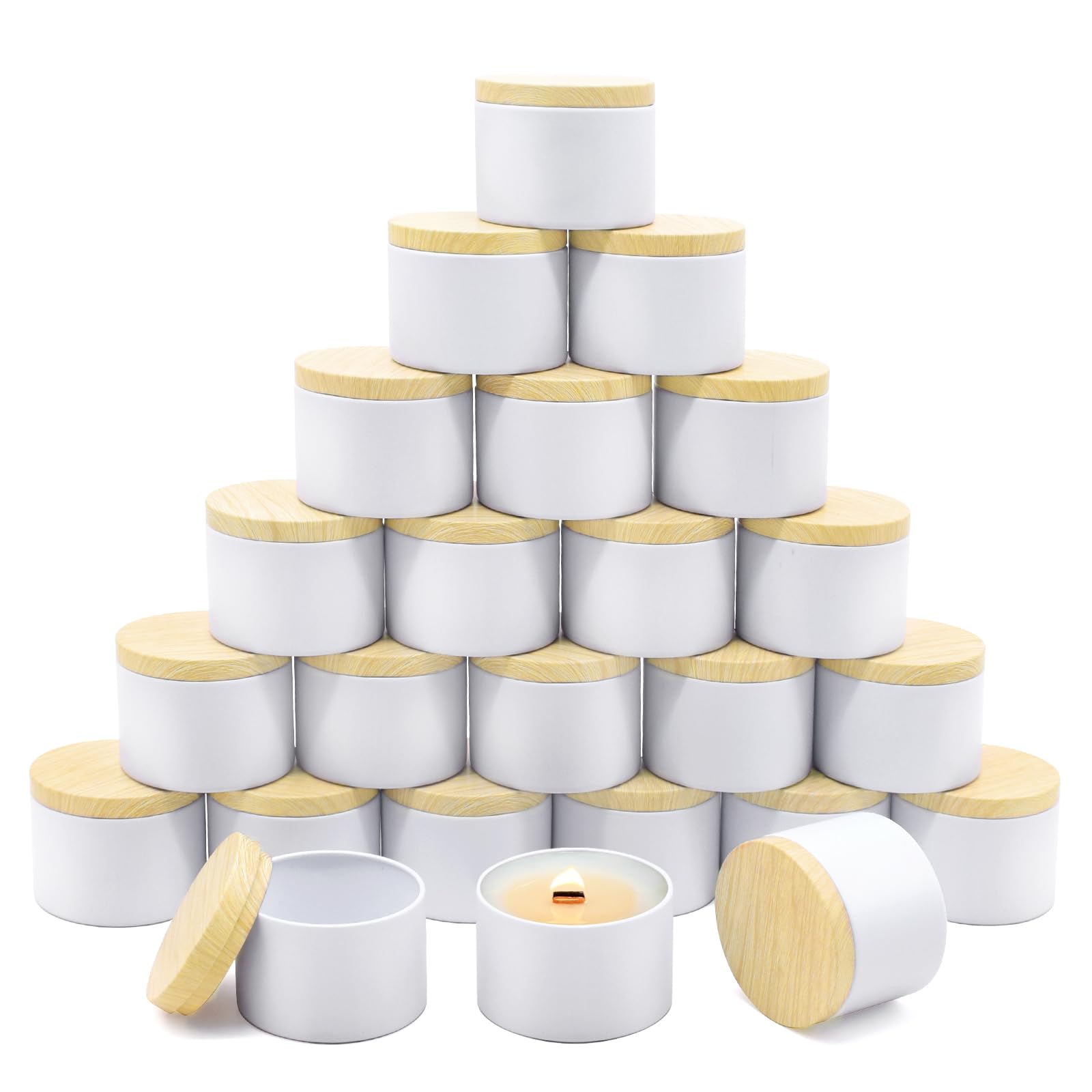 Latas De Vela Yjhss 120 Ml De Metal Branco, Grão De Madeira, Pacote Com 24 Unidades, 4 Onças