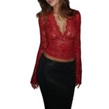 Top Curto Miqil Feminino Y2k, Renda, Manga Comprida, Decote Em V, Floral
